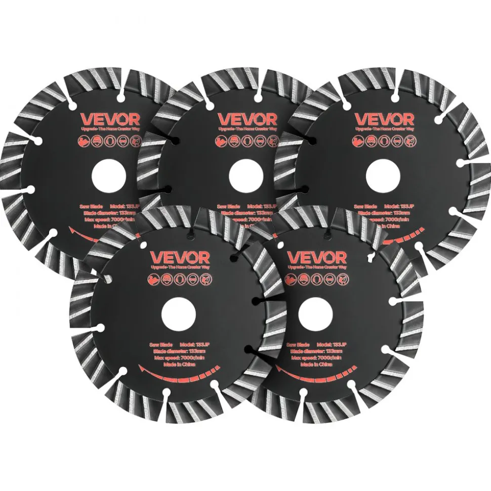 VEVOR Diamond Blades 5.24 inch, 5-Pack Wall Chaser Saw Blade Cutting Blade, 0.79 in Arbor, High-Hardness Diamond Segments, 65Mn Steel Core, Dry Wet Cutting, Clean Edges for Concrete Brick Stone Cement