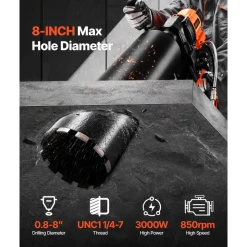 VEVOR Diamond Core Drilling Machine, 0.8-8 in Drilling Diameter, Stand-Mount Dry and Wet Concrete Core Drill Rig with 8 Drill Bits, 800 RPM Speed, UNC1 1/4-7 Thread, for Concrete Brick Stone, 3000W