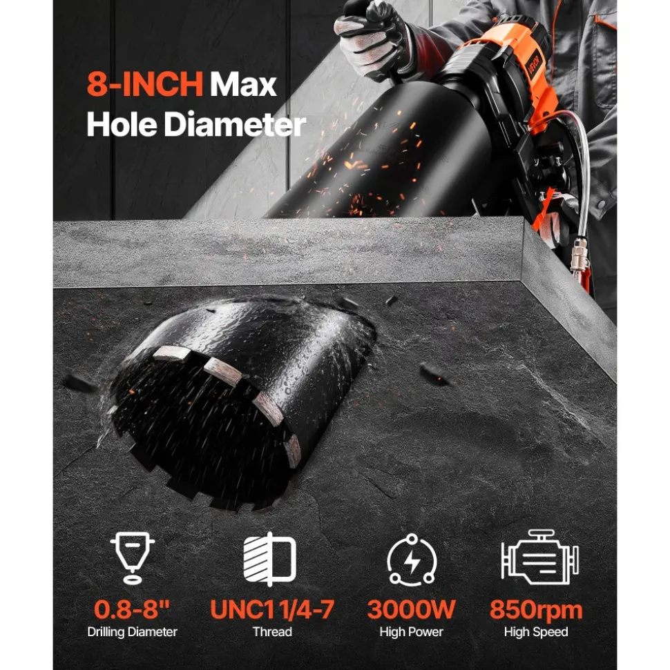 VEVOR Diamond Core Drilling Machine, 0.8-8 in Drilling Diameter, Stand-Mount Dry and Wet Concrete Core Drill Rig with 8 Drill Bits, 800 RPM Speed, UNC1 1/4-7 Thread, for Concrete Brick Stone, 3000W