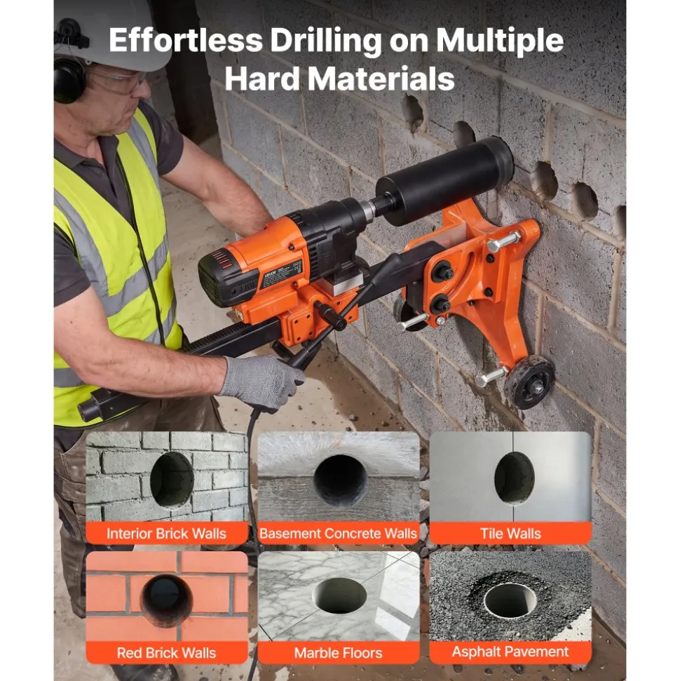 VEVOR Diamond Core Drilling Machine, 8 in Drilling Diameter, Handheld Dry and Wet Concrete Core Drill Rig with 4 Drill Bits, 1075/2300 RPM 2-Speed, UNC1 1/4-7 Thread, for Concrete Brick Stone, 1800W