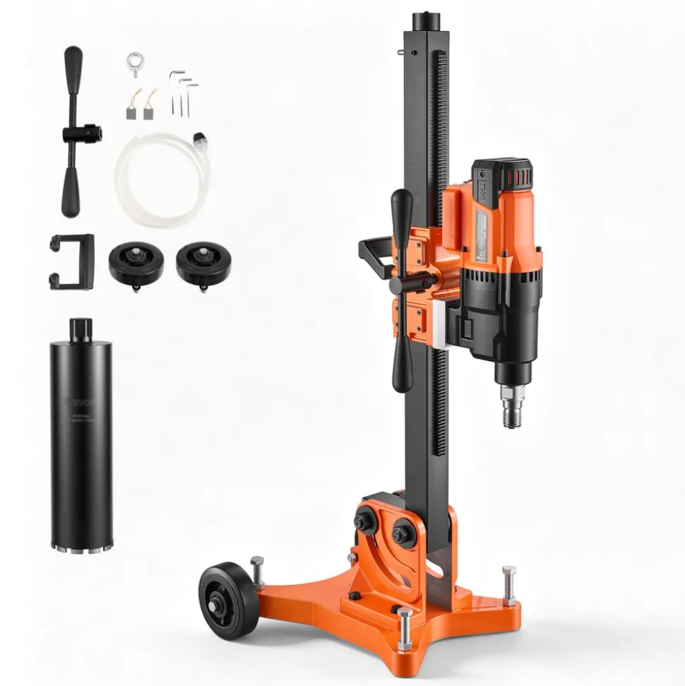VEVOR Diamond Core Drilling Machine, 8 in Drilling Diameter, Handheld Dry and Wet Concrete Core Drill Rig with 4 Drill Bits, 1075/2300 RPM 2-Speed, UNC1 1/4-7 Thread, for Concrete Brick Stone, 1800W