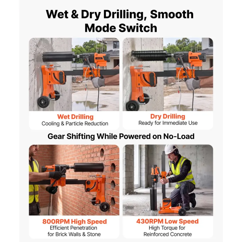 VEVOR Diamond Core Drilling Machine, 8 in Drilling Diameter, Handheld Dry and Wet Concrete Core Drill Rig with 4 Drill Bits, 1075/2300 RPM 2-Speed, UNC1 1/4-7 Thread, for Concrete Brick Stone, 1800W