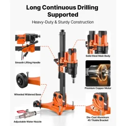 VEVOR Diamond Core Drilling Machine, 8 in Drilling Diameter, Handheld Dry and Wet Concrete Core Drill Rig with 4 Drill Bits, 1075/2300 RPM 2-Speed, UNC1 1/4-7 Thread, for Concrete Brick Stone, 1800W