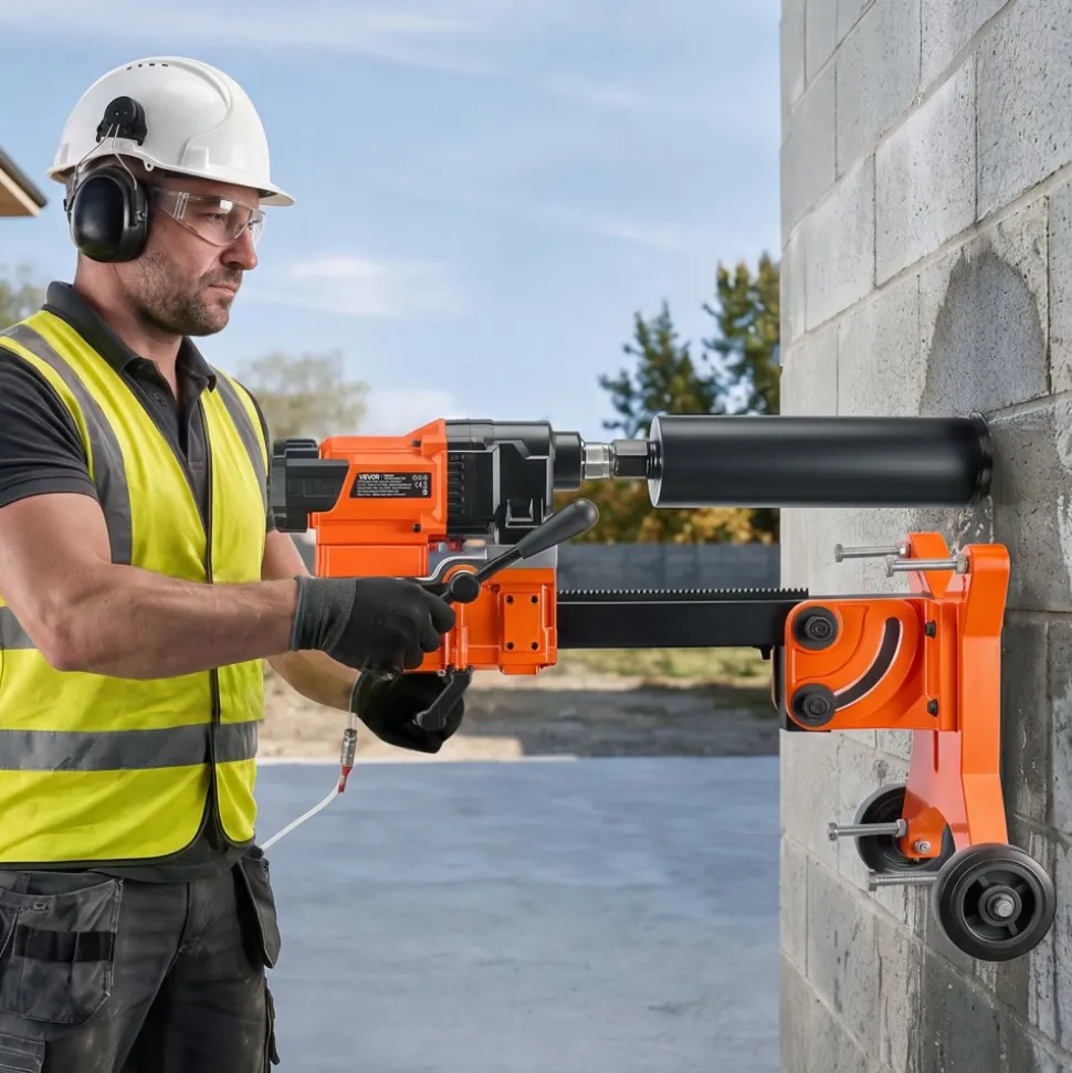 VEVOR Diamond Core Drilling Machine, 8 in Drilling Diameter, Handheld Dry and Wet Concrete Core Drill Rig with 4 Drill Bits, 1075/2300 RPM 2-Speed, UNC1 1/4-7 Thread, for Concrete Brick Stone, 1800W