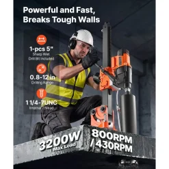 VEVOR Diamond Core Drilling Machine, 8 in Drilling Diameter, Handheld Dry and Wet Concrete Core Drill Rig with 4 Drill Bits, 1075/2300 RPM 2-Speed, UNC1 1/4-7 Thread, for Concrete Brick Stone, 1800W
