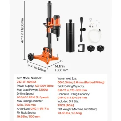 VEVOR Diamond Core Drilling Machine, 8 in Drilling Diameter, Handheld Dry and Wet Concrete Core Drill Rig with 4 Drill Bits, 1075/2300 RPM 2-Speed, UNC1 1/4-7 Thread, for Concrete Brick Stone, 1800W