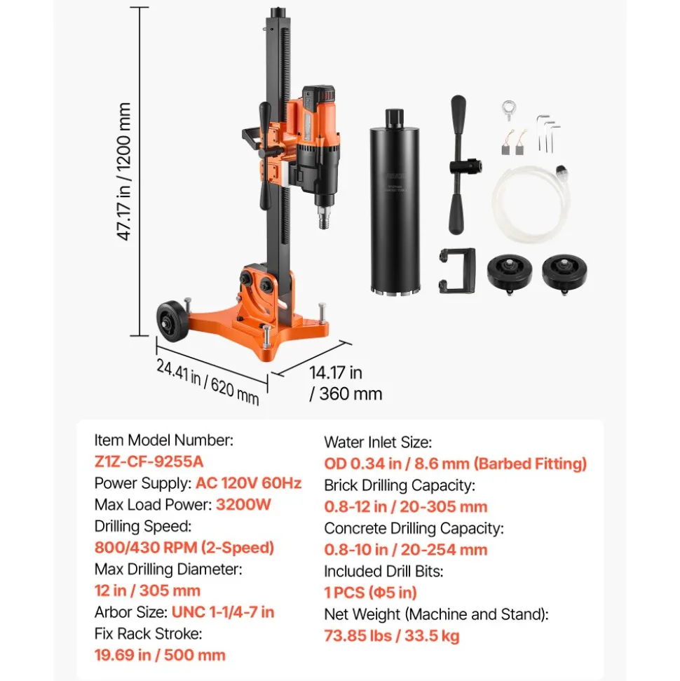 VEVOR Diamond Core Drilling Machine, 8 in Drilling Diameter, Handheld Dry and Wet Concrete Core Drill Rig with 4 Drill Bits, 1075/2300 RPM 2-Speed, UNC1 1/4-7 Thread, for Concrete Brick Stone, 1800W