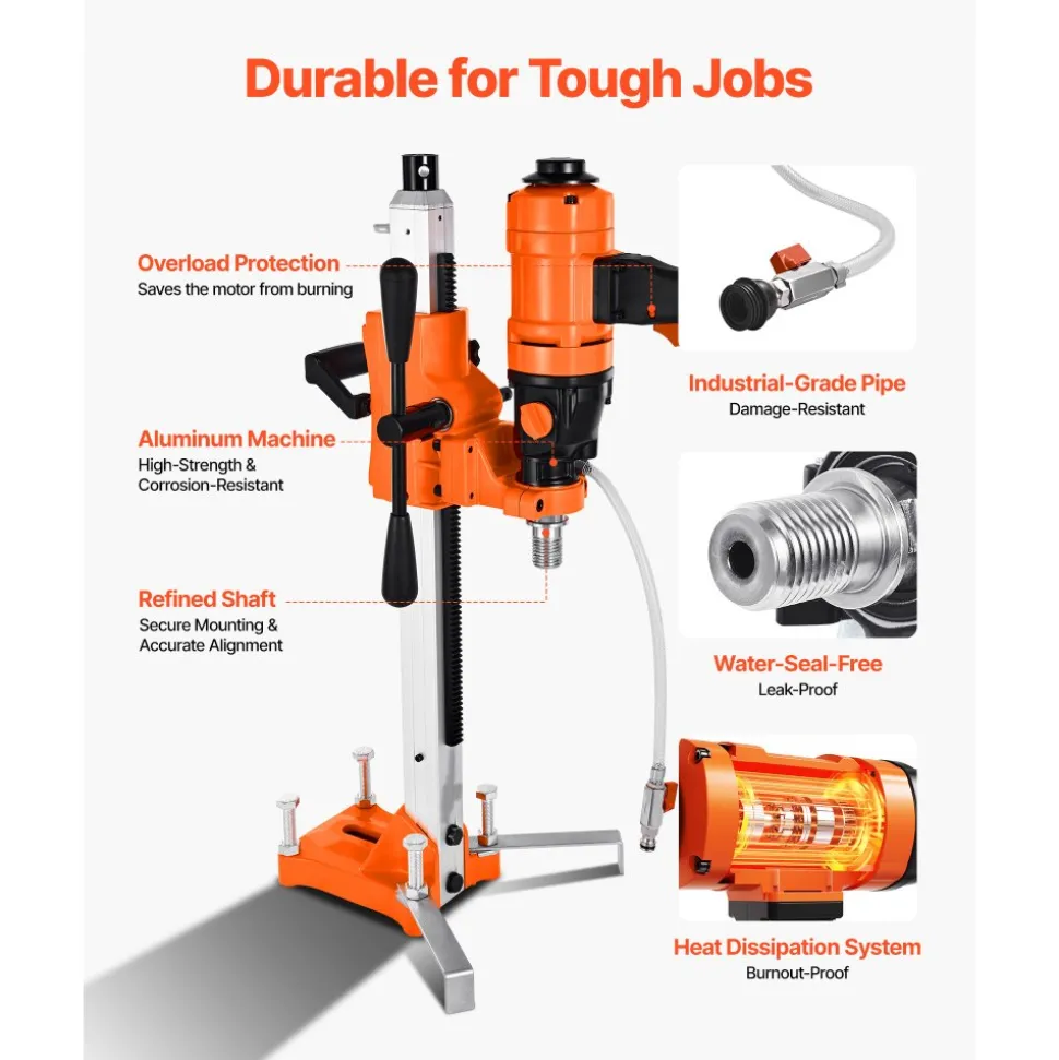 VEVOR Diamond Core Drilling Machine, 0.8-10 in Drilling Diameter, Stand-Mount Dry and Wet Concrete Core Drill Rig with 10 Bits, 470/800 RPM 2-Speed, UNC1 1/4-7 Thread, for Concrete Brick Stone, 2500W