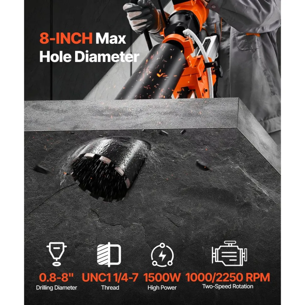 VEVOR Diamond Core Drilling Machine, 0.8-10 in Drilling Diameter, Stand-Mount Dry and Wet Concrete Core Drill Rig with 10 Bits, 470/800 RPM 2-Speed, UNC1 1/4-7 Thread, for Concrete Brick Stone, 2500W