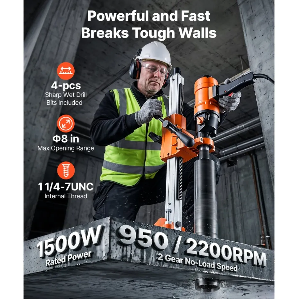VEVOR Diamond Core Drilling Machine, Max 8" Drilling Capacity, 2-in-1 Handheld/Stand-Mount Dry and Wet Concrete Core Drill Rig with 4 Drill Bits, Rolling Wheeled Base, 1500W 2-Speed 950RPM/2200RPM