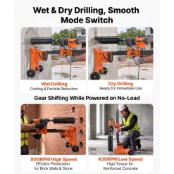 VEVOR Diamond Core Drilling Machine, 0.8-12 in Drilling Capacity, Dry/Wet Concrete Core Drill Rig with 12 Drill Bits, Tiltable Stand & Wheeled Base, 3200W 800RPM/430RPM, UNC1 1/4–7 Thread