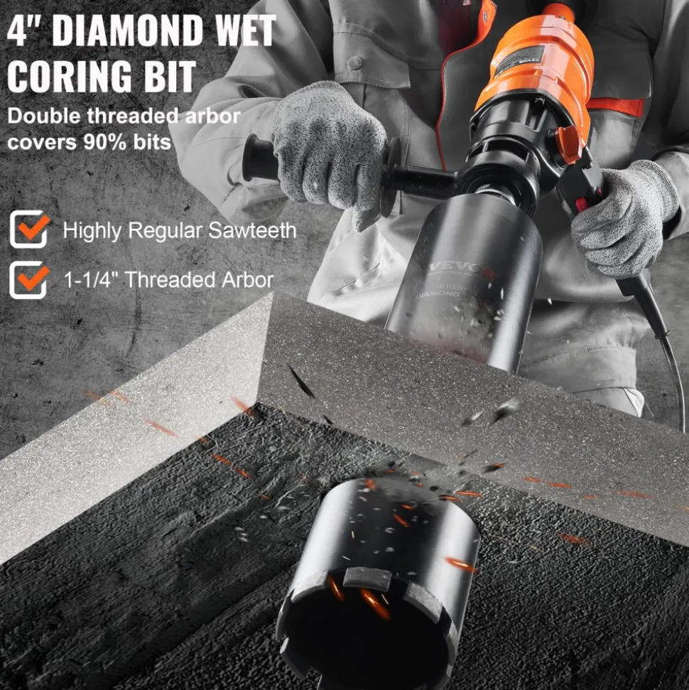 VEVOR Diamond Core Drilling Machine, 4in Handheld Wet Concrete Core Drill Rig, 1100-2400RPM Two Speed & 1-1/4" Thread & 2 Bubble Levels, 3-4in Drilling Diameter for Concrete Brick Block Stone, 1500W