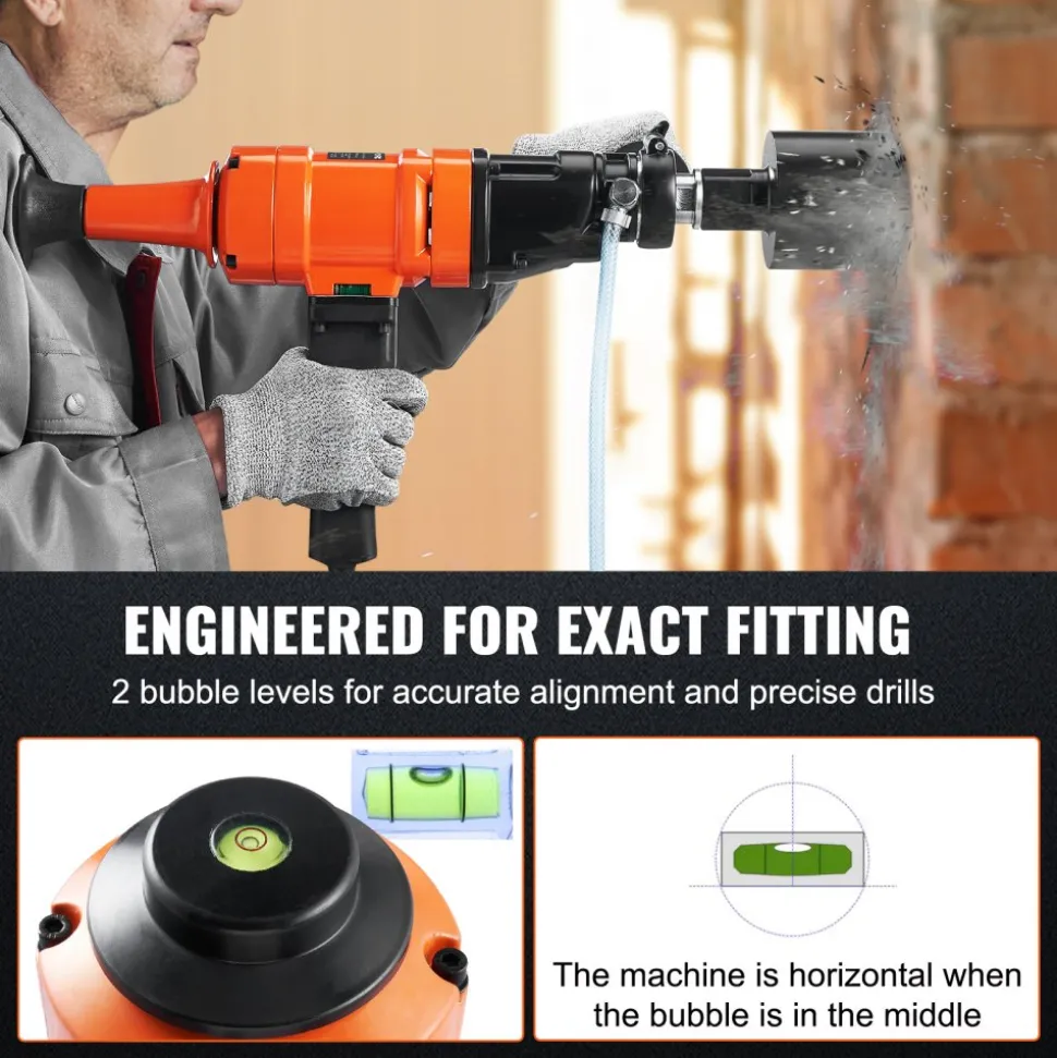 VEVOR Diamond Core Drilling Machine, 4in Handheld Wet Concrete Core Drill Rig, 1100-2400RPM Two Speed & 1-1/4" Thread & 2 Bubble Levels, 3-4in Drilling Diameter for Concrete Brick Block Stone, 1500W