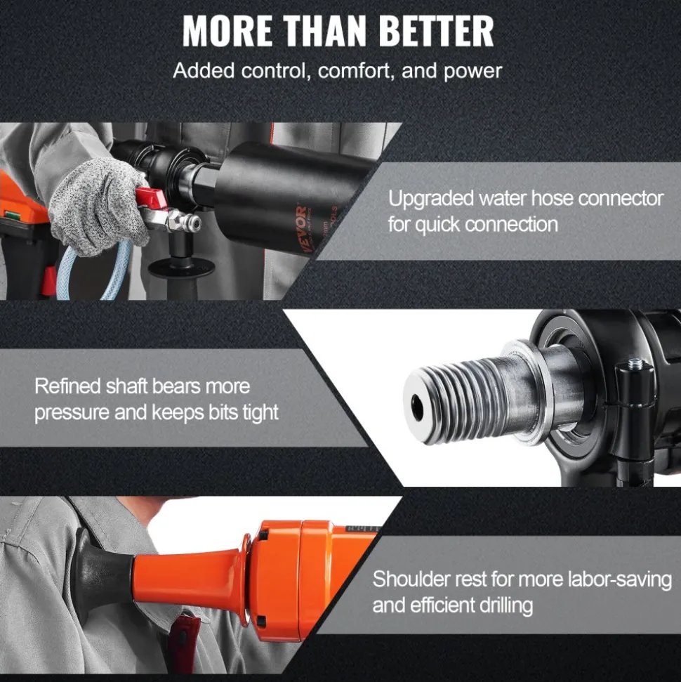 VEVOR Diamond Core Drilling Machine, 4in Handheld Wet Concrete Core Drill Rig, 1100-2400RPM Two Speed & 1-1/4" Thread & 2 Bubble Levels, 3-4in Drilling Diameter for Concrete Brick Block Stone, 1500W