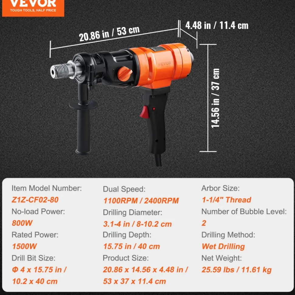 VEVOR Diamond Core Drilling Machine, 4in Handheld Wet Concrete Core Drill Rig, 1100-2400RPM Two Speed & 1-1/4" Thread & 2 Bubble Levels, 3-4in Drilling Diameter for Concrete Brick Block Stone, 1500W