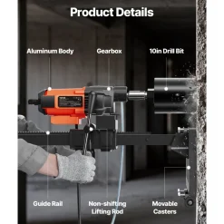 VEVOR Diamond Core Drilling Machine, 10in Wet Concrete Core Drill Rig with Stand Wheels, 750RPM Speed & 1-1/4" Thread & Lifting Handle, 10in Drilling Diameter for Concrete Brick Block Stone, 2500W