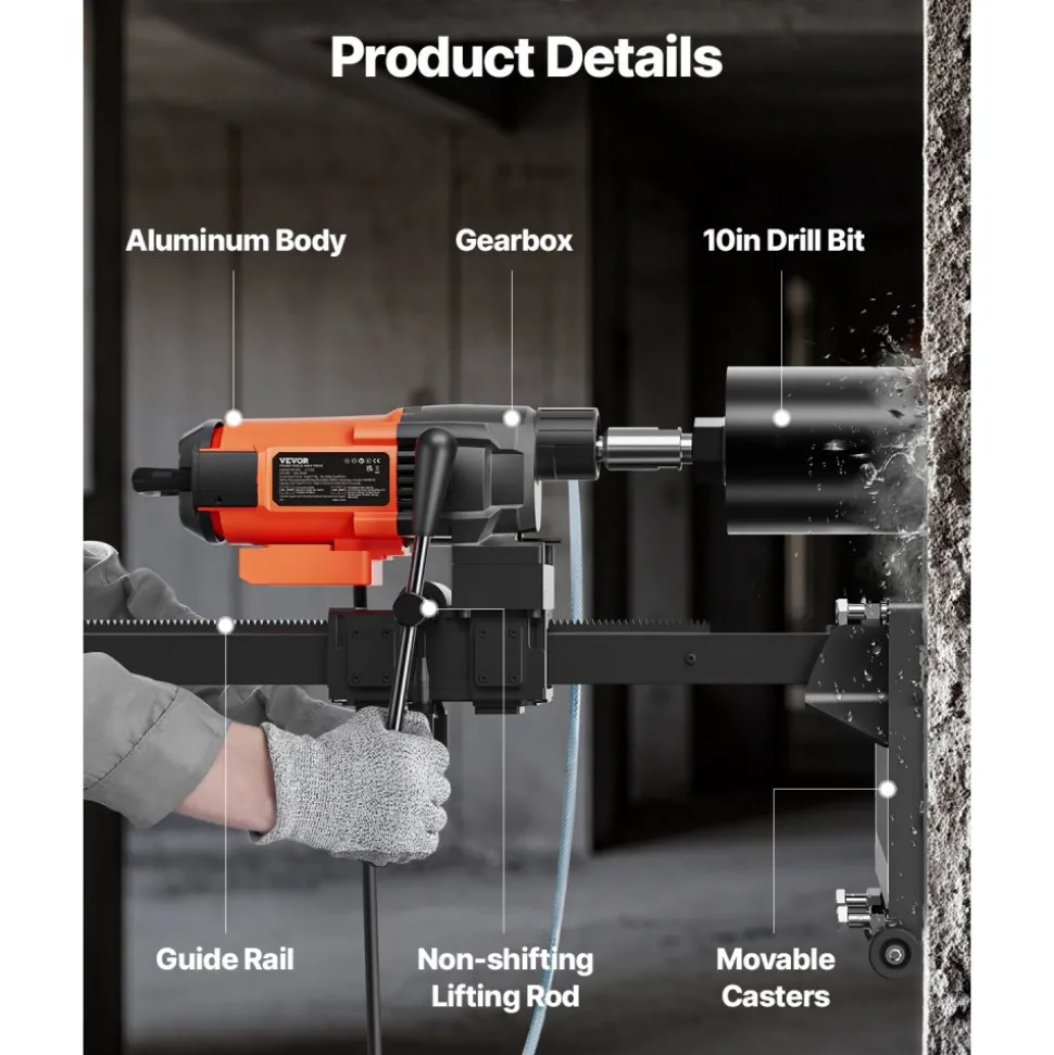 VEVOR Diamond Core Drilling Machine, 10in Wet Concrete Core Drill Rig with Stand Wheels, 750RPM Speed & 1-1/4" Thread & Lifting Handle, 10in Drilling Diameter for Concrete Brick Block Stone, 2500W