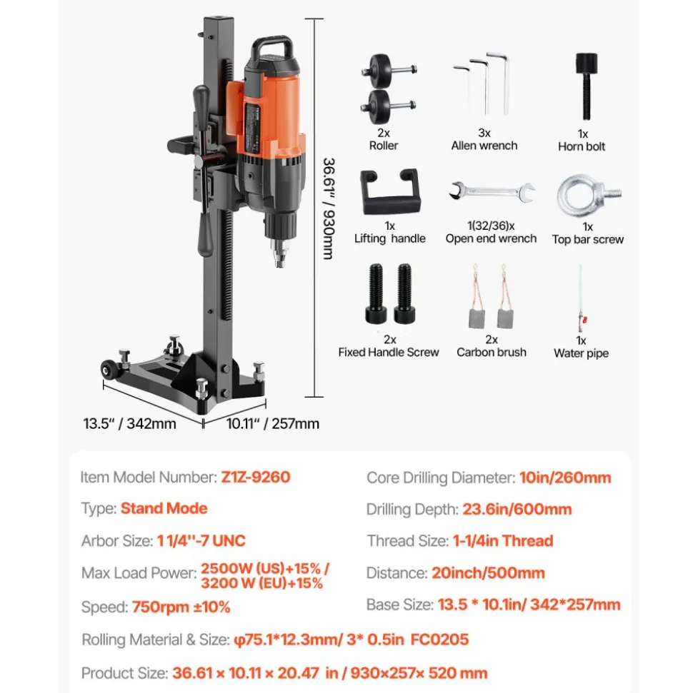 VEVOR Diamond Core Drilling Machine, 10in Wet Concrete Core Drill Rig with Stand Wheels, 750RPM Speed & 1-1/4" Thread & Lifting Handle, 10in Drilling Diameter for Concrete Brick Block Stone, 2500W