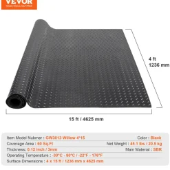 VEVOR Diamond-Plate Rubber Flooring Roll, 3 mm x 4 ft x 15 ft Garage Floor Mat, SBR Rubber Garage Flooring Roll, Easy to Clean, Diamond Plate Rubber Mat for Under Cars, Garage Industry Gym, Black