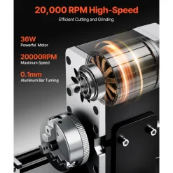 VEVOR Didactical Mini Metal Lathe Machine, 2.76 x 5.12 in, 36W Power Metal Lathe, 20,000 RPM Speed, with 3-jaw Chuck, Aluminum Alloy Handwheel, for Processing Precision Parts Soft Metals Wood Plastics