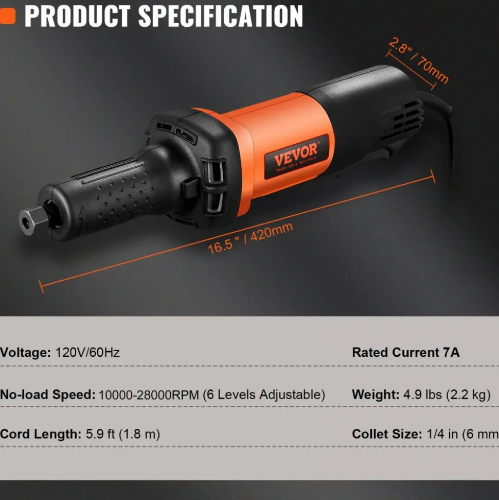 VEVOR Die Grinder, 1/4" Collet Variable Speed (10000-28000RPM), Heavy Duty Electric, Ergonomic Grip for Rust Removal, Grinding, Cutting, Polishing, Welding Repair, Deburring, with 1/4" & 1/8" Collets