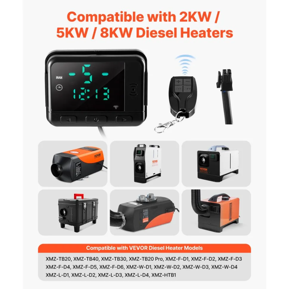 VEVOR Diesel Air Heater Controller, DC5V Universal Diesel Air Heater Controller Thermostat Switch, Parking Heaters Controllers with LCD Display and Remote Control, Fits for 2KW/5KW/8KW Diesels Heaters