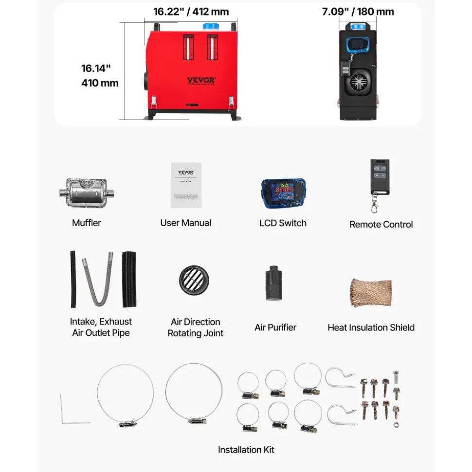 VEVOR Diesel Air Heater, 8 kW DC12-24V, Fast Heating Diesel Parking Heater with Remote Control and Blue LCD Switch, Low Noise, Pre-Heating Function, for RV, Truck, Camper, Van, Boat and Trailer