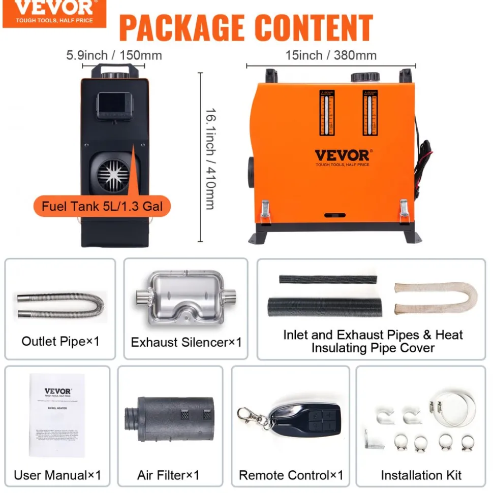 VEVOR Diesel Air Heater, 12V 5KW All-on-one Diesel Heater with Remote Control and LCD, 5L Fuel Tank Portable Diesel Parking Heater, Rapid Heating for RV Trailer Camper Van Boat