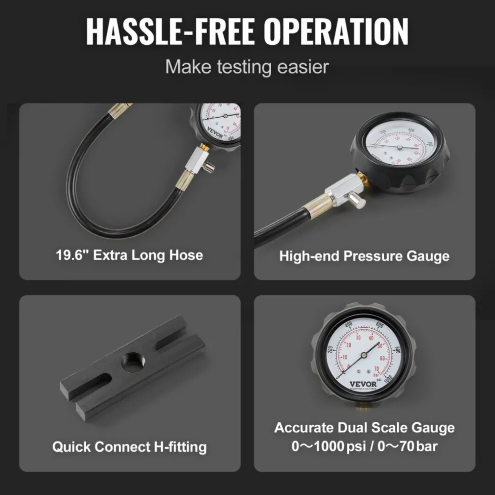 VEVOR Diesel Engine Compression Tester, 18 pcs Cylinder Pressure Test Tool Kit, with 0-1000 psi Gauge and Adapters, Diesel Injector Tester Check Cylinders in Diesel Trucks, Tractors, Equipment