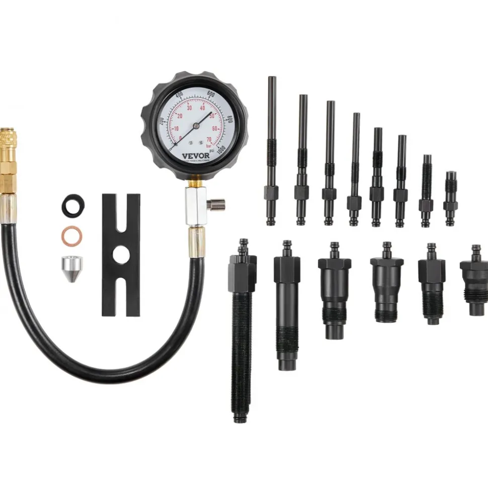 VEVOR Diesel Engine Compression Tester, 18 pcs Cylinder Pressure Test Tool Kit, with 0-1000 psi Gauge and Adapters, Diesel Injector Tester Check Cylinders in Diesel Trucks, Tractors, Equipment