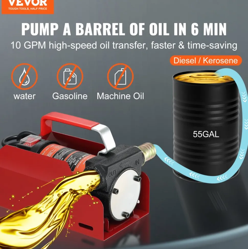 VEVOR Diesel Fuel Transfer Pump Kit 12V 10 GPM DC with Automatic Shut-off Nozzle Hose, Portable Electric Self-Priming Fuel Transfer Extractor Pump Kit for Diesel, Kerosene, Machine, Transformer Oil