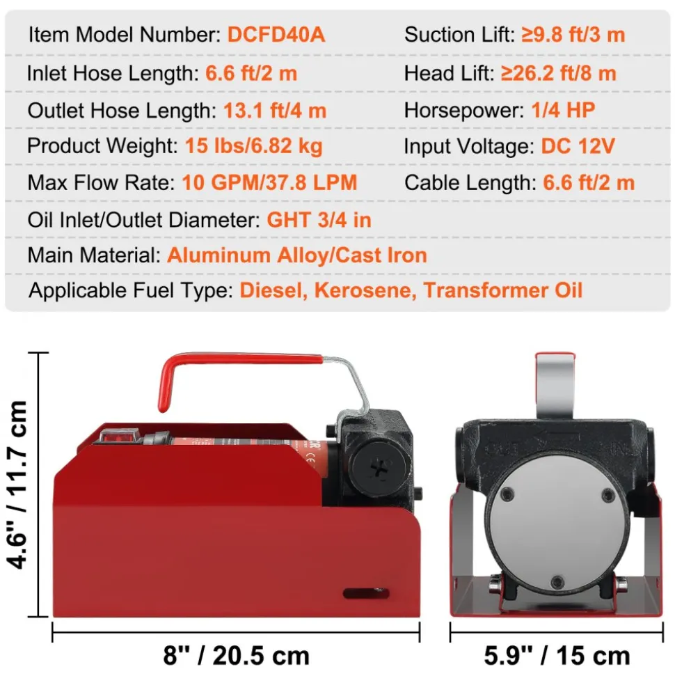 VEVOR Diesel Fuel Transfer Pump Kit 12V 10 GPM DC with Automatic Shut-off Nozzle Hose, Portable Electric Self-Priming Fuel Transfer Extractor Pump Kit for Diesel, Kerosene, Machine, Transformer Oil