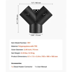 VEVOR Diesel Heater Connector, 3 inch Diesel Heater Duct Connector Accessories, 3-Way Y Branch Diesels Heaters Air Vent Duct with 2 90° Rotatable Valves, Black Joint Connectors for 2KW 5KW 8KW Heaters