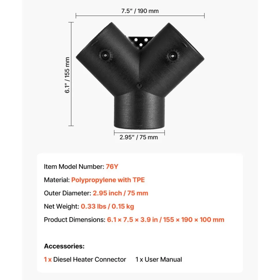 VEVOR Diesel Heater Connector, 3 inch Diesel Heater Duct Connector Accessories, 3-Way Y Branch Diesels Heaters Air Vent Duct with 2 90° Rotatable Valves, Black Joint Connectors for 2KW 5KW 8KW Heaters