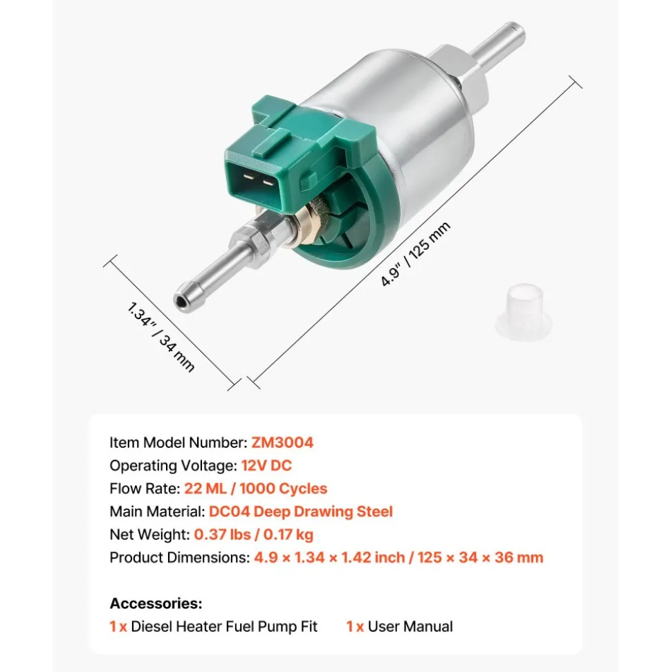 VEVOR Diesel Heater Fuel Pump, 12V DC Car Air Heater Diesel Fuel Dosing Pump, 22ML Aluminum Air Diesels Parking Heaters Pumps Fits for 2KW 5KW 8KW Diesels Heaters, Quiet Design, Pulse Technology