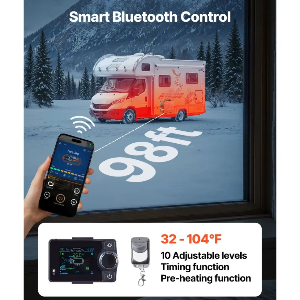 VEVOR Diesel Heater, 8KW, DC 12V, All in One Portable Diesel Air Heater with Bluetooth APP Control, Remote Control and LCD Screen, 1.2 Gal Fuel Tank for Vehicles, Vans, RVs, Campers, and Garages