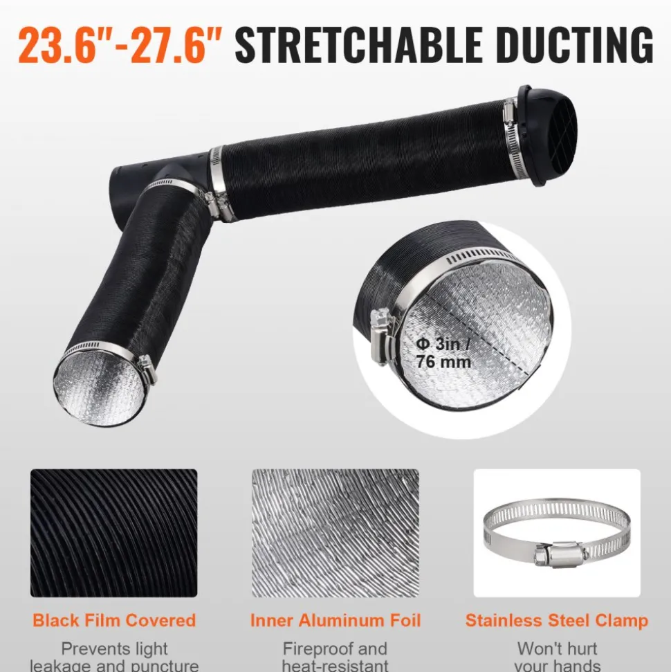 VEVOR Diesel Heater Pipe Ducting Set, 3" Extendable Air Duct Hose, 1" Stainless Steel Exhaust Pipe, 2 Air Vents, Tee Air Outlet Connector and Hose Clamps, for 5KW/8KW Diesel Parking Heaters