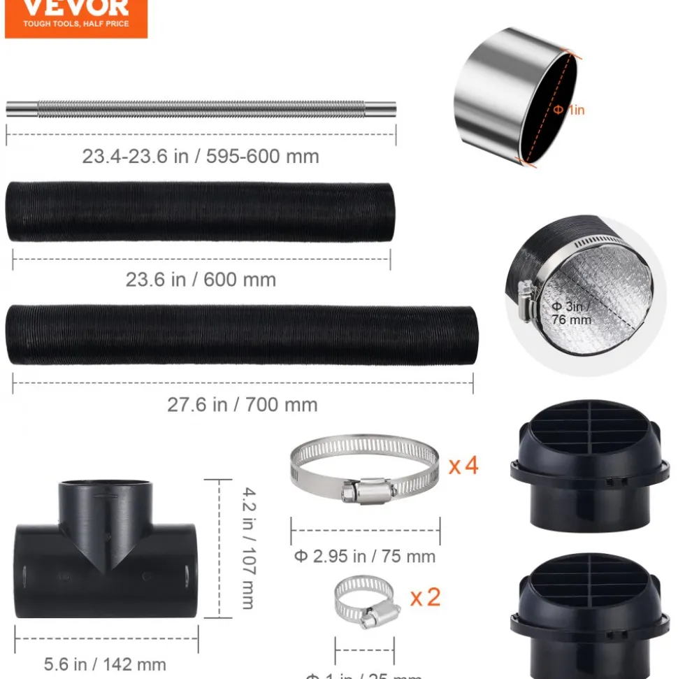 VEVOR Diesel Heater Pipe Ducting Set, 3" Extendable Air Duct Hose, 1" Stainless Steel Exhaust Pipe, 2 Air Vents, Tee Air Outlet Connector and Hose Clamps, for 5KW/8KW Diesel Parking Heaters