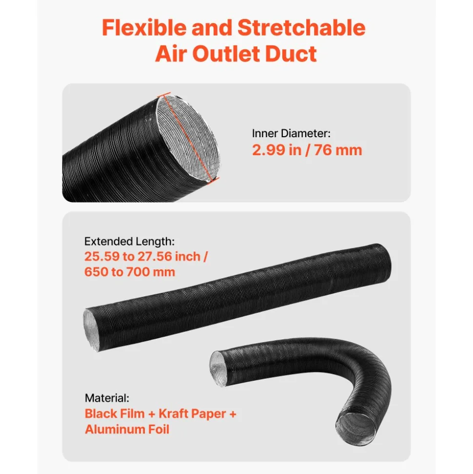 VEVOR Diesel Heater Pipe Duct Vent Kit, 3-inch Heater Pipe Warm Air Outlet Vent Set with Y-Shaped Connector & Air Duct Clamps, Parking Heaters Air Ducts Vent Kit for 5KW 8KW Diesel Heaters, Black