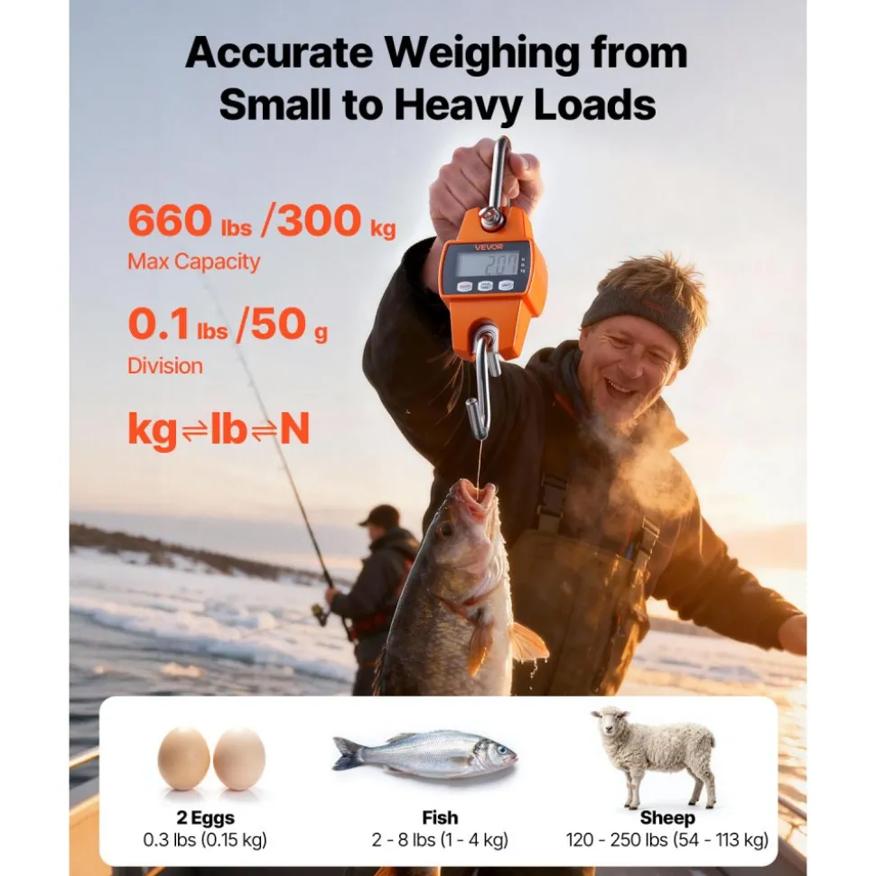 VEVOR Digital Crane Scale, 660 lbs/300 kg Max Capacity, Handheld Hanging Scale with Cast Aluminum Case & LCD Display, 0.1 lbs Division & 3 Unit Switch, Portable Design for Farm Hunting Fishing, Orange