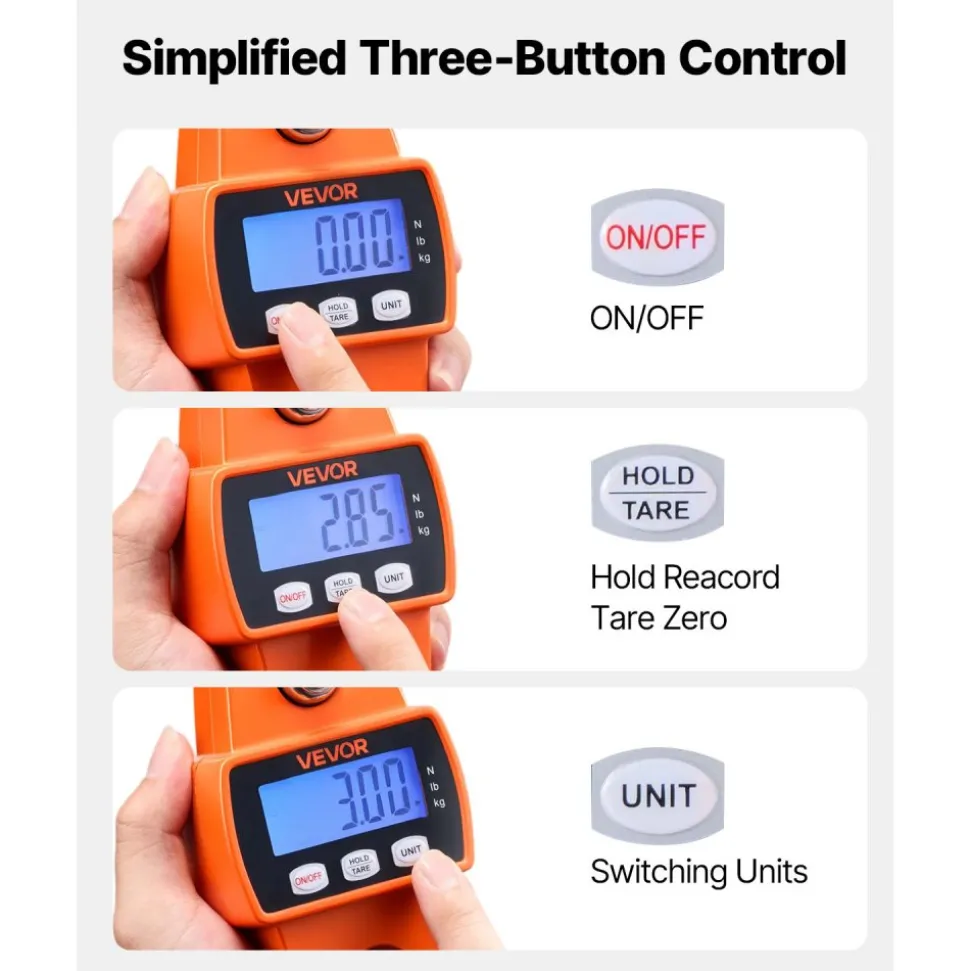 VEVOR Digital Crane Scale, 660 lbs/300 kg Max Capacity, Handheld Hanging Scale with Cast Aluminum Case & LCD Display, 0.1 lbs Division & 3 Unit Switch, Portable Design for Farm Hunting Fishing, Orange