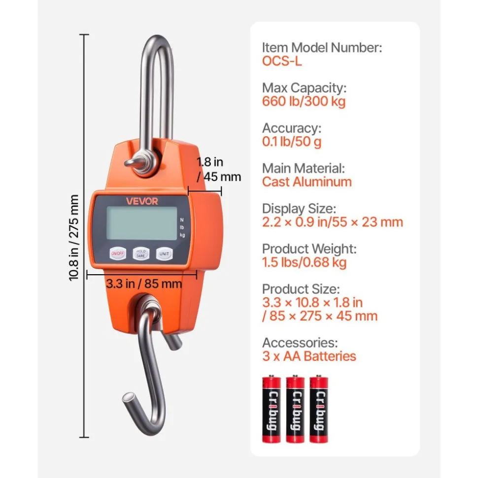 VEVOR Digital Crane Scale, 660 lbs/300 kg Max Capacity, Handheld Hanging Scale with Cast Aluminum Case & LCD Display, 0.1 lbs Division & 3 Unit Switch, Portable Design for Farm Hunting Fishing, Orange