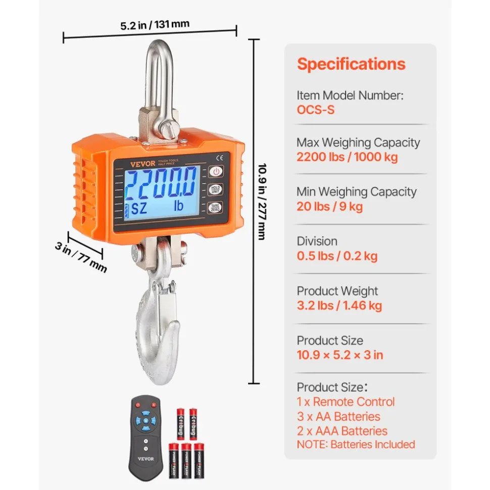 VEVOR Digital Crane Scale, 2200 lbs/1000 kg, Industrial Heavy Duty Hanging Scale with Remote Control, Cast Aluminum Case & LCD Screen, High Precision for Construction, Factory, Farm, Hunting (Orange)