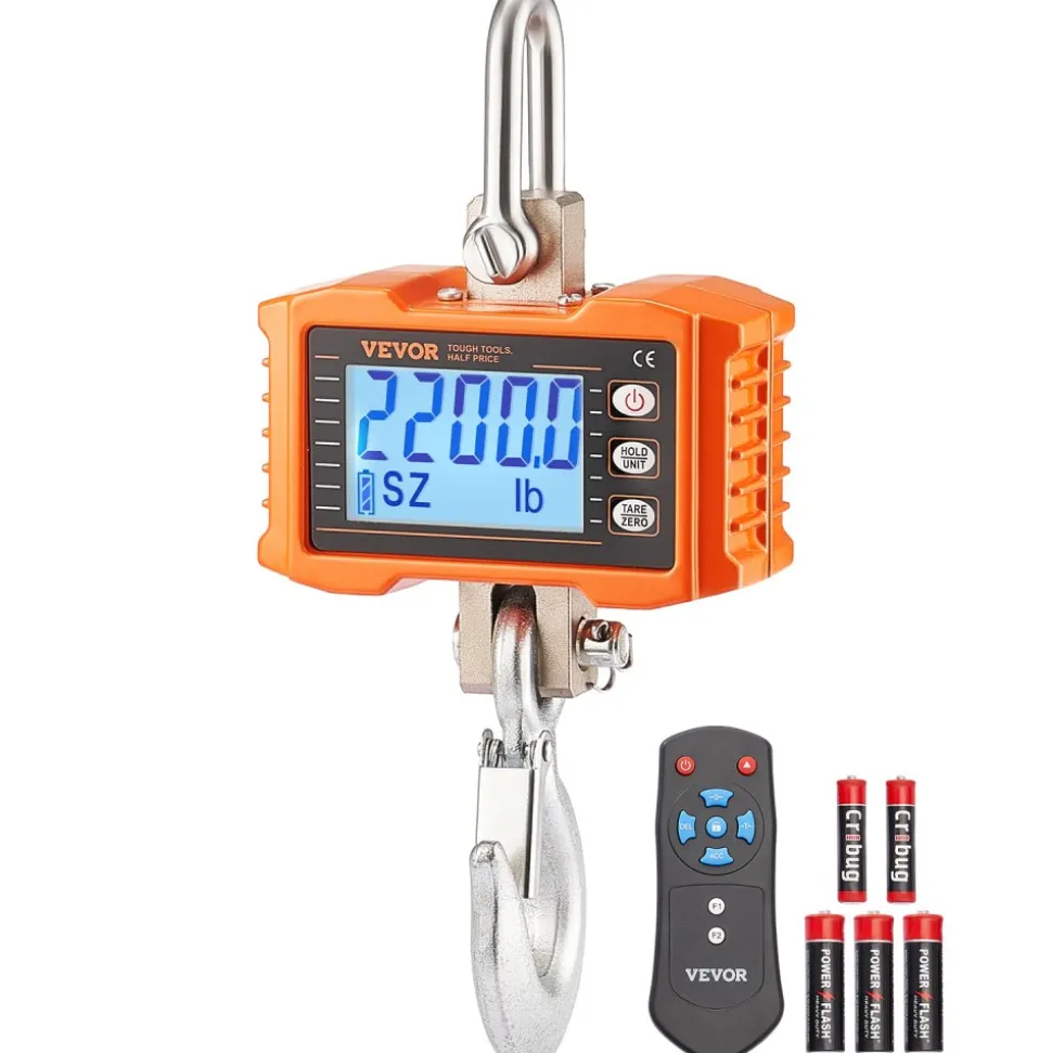 VEVOR Digital Crane Scale, 2200 lbs/1000 kg, Industrial Heavy Duty Hanging Scale with Remote Control, Cast Aluminum Case & LCD Screen, High Precision for Construction, Factory, Farm, Hunting (Orange)