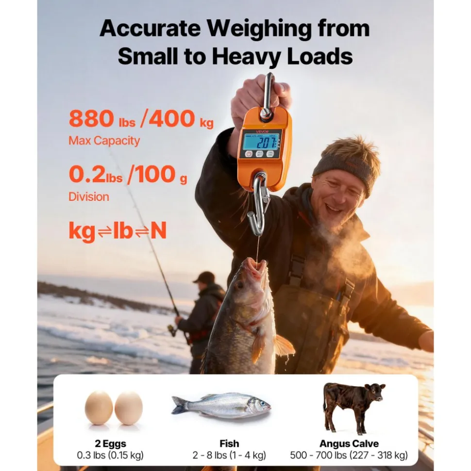 VEVOR Digital Crane Scale, 880 lbs/400 kg Max Capacity, Handheld Hanging Scale with Cast Aluminum Case & LCD Display, 0.2 lbs Division & 3 Unit Switch, Auto-Off Setting for Farm Hunting Fishing, Orange