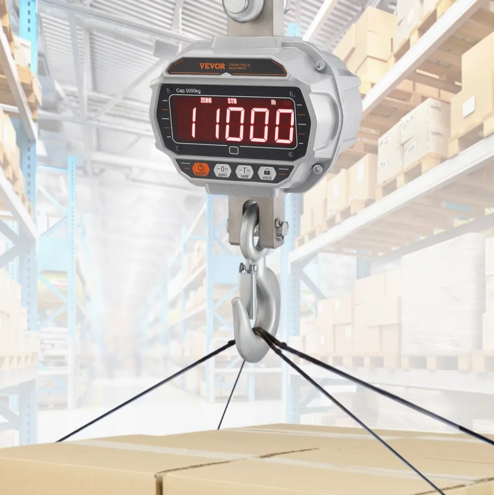 VEVOR Digital Crane Scale, 11000 lbs/5000 kg, Industrial Heavy Duty Hanging Scale with Remote Control, Cast Aluminum Case & LED Screen, High Precision for Construction, Factory, Farm, Hunting (Silver)