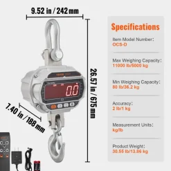 VEVOR Digital Crane Scale, 11000 lbs/5000 kg, Industrial Heavy Duty Hanging Scale with Remote Control, Cast Aluminum Case & LED Screen, High Precision for Construction, Factory, Farm, Hunting (Silver)