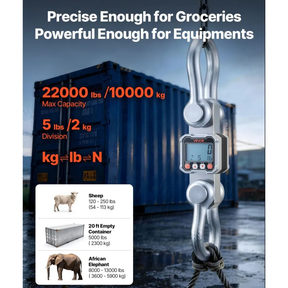 VEVOR Digital Crane Scale, 22000 lbs/10 T Max Capacity, Heavy Duty Industrial Hanging Scale with Cast Aluminum Case & LCD Display, 5 lbs Division & 3 Unit Switch, Remote Control for Garage Factory