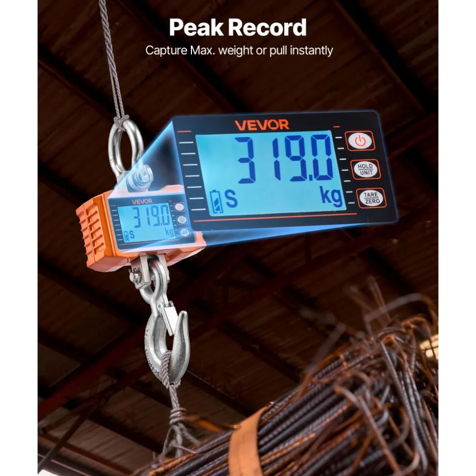 VEVOR Digital Crane Scale, 4400 lbs/2000 kg Max Capacity, Heavy Duty Industrial Hanging Scale with Cast Aluminum Case & LCD Display, 1 lbs Division & 3 Unit Switch, Remote Control for Garage Factory