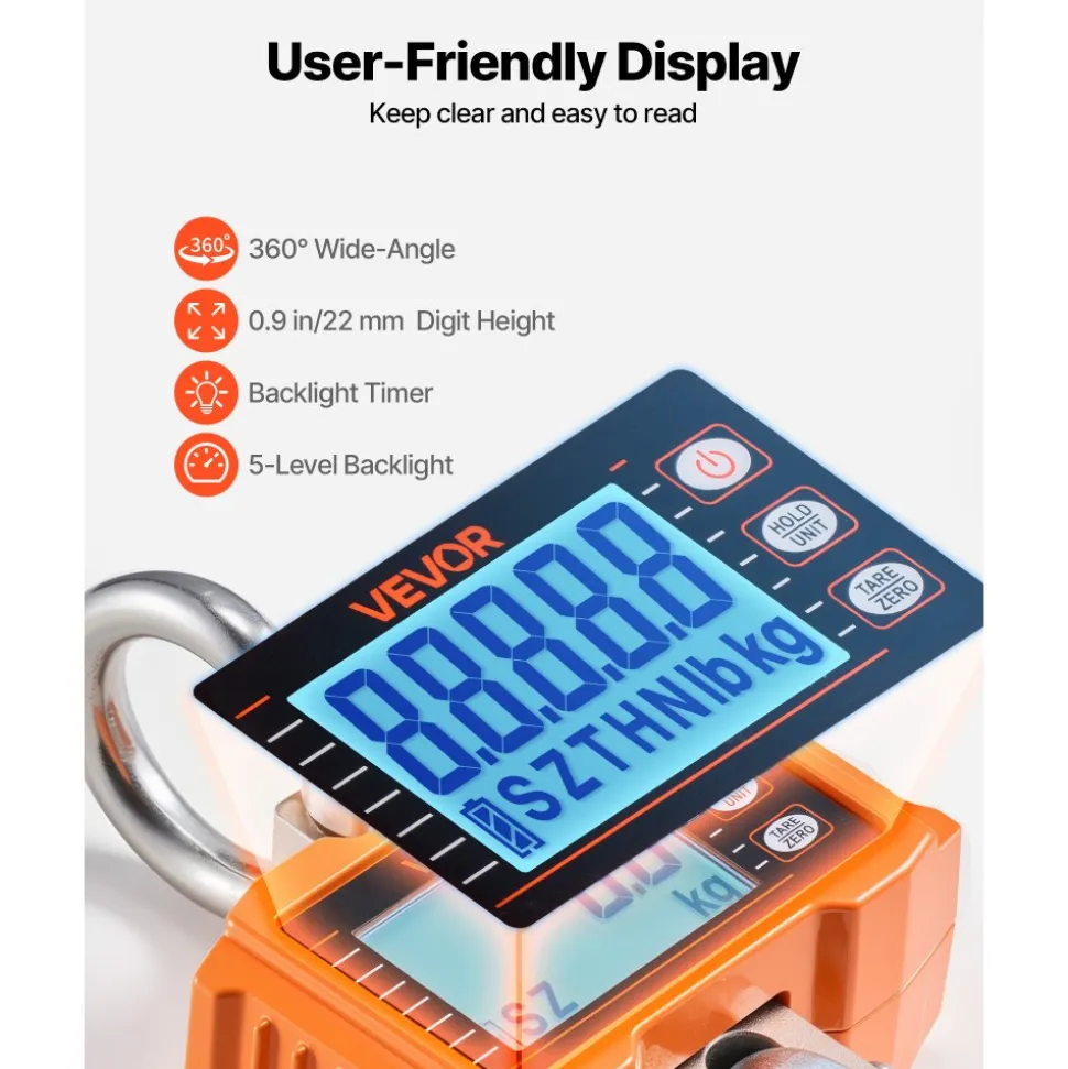VEVOR Digital Crane Scale, 4400 lbs/2000 kg Max Capacity, Heavy Duty Industrial Hanging Scale with Cast Aluminum Case & LCD Display, 1 lbs Division & 3 Unit Switch, Remote Control for Garage Factory